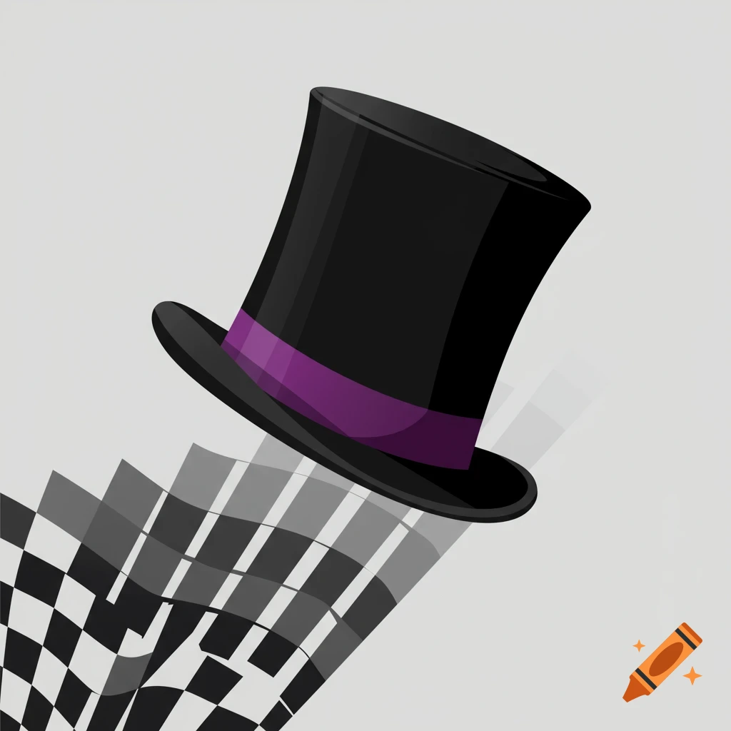 A black top hat with a purple band casts a shadow that becomes a black and white checker pattern, on a gray background.