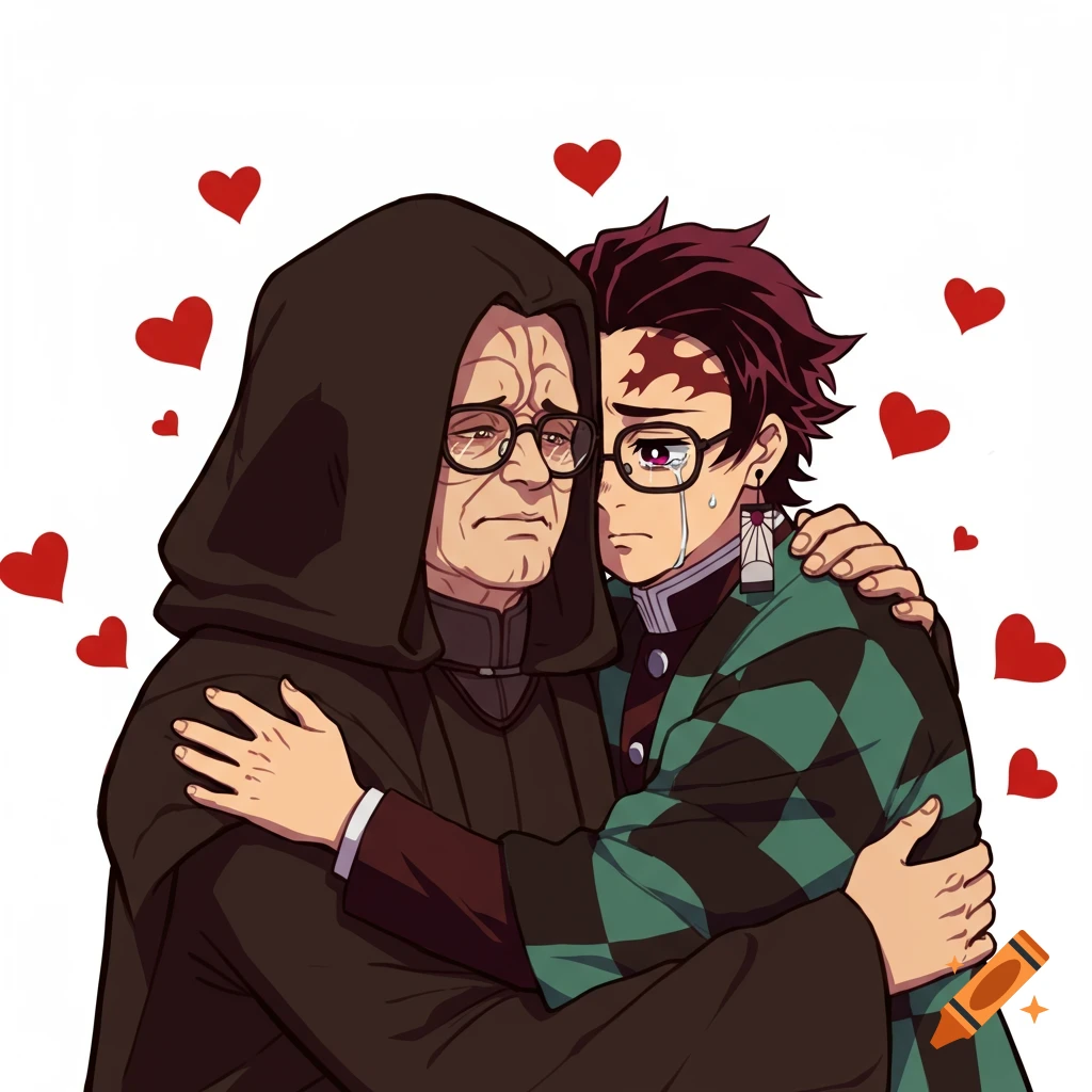 Anime-style illustration of a crying Tanjiro Kamado hugging an older man in a brown hooded robe, with red hearts floating around them.