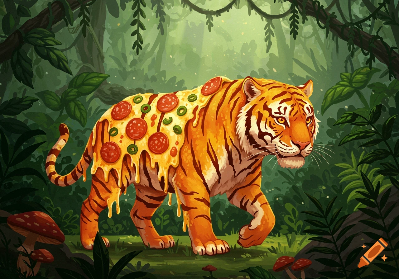 An illustrative image of a tiger with its back covered in melted cheese, pepperoni, and olives, walking through a lush jungle.