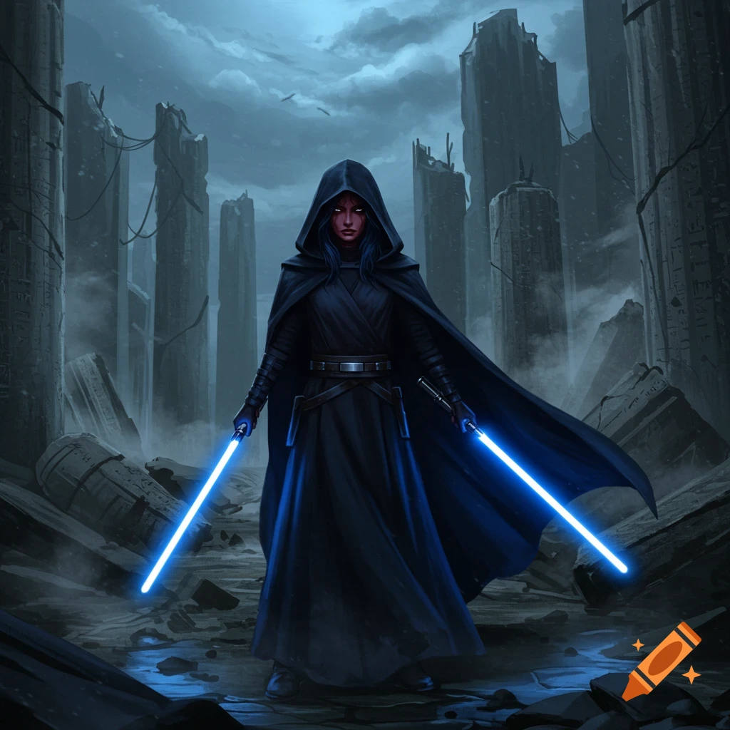 A person in a dark hooded robe with red eyes and two glowing blue lightsabers stands in the ruins of a dark, stylized building.
