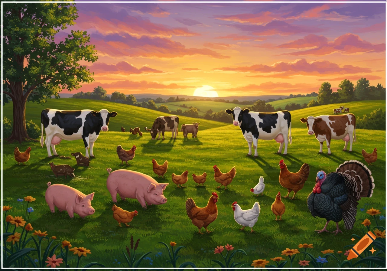 Farm animals including cows, pigs, chickens, and turkeys in a green meadow with a sunset sky, illustrated.