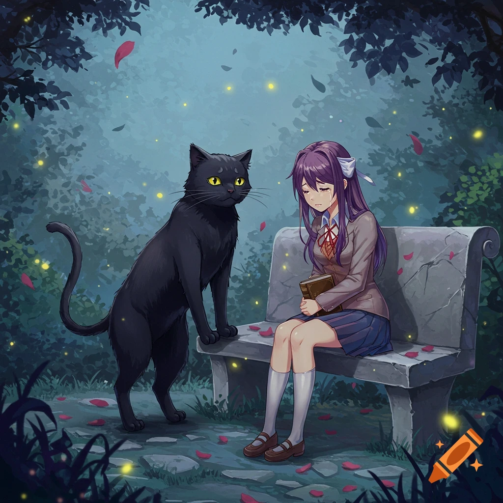 An anime girl with purple hair cries on a stone bench in a dark, glowing forest at night, a large black cat beside her.