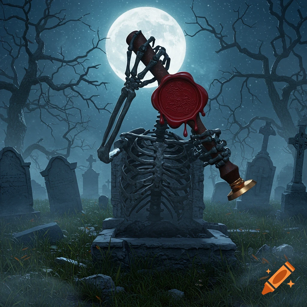 A skeleton's torso emerges from a grave, holding a large wax seal up against a full moon in a foggy graveyard.