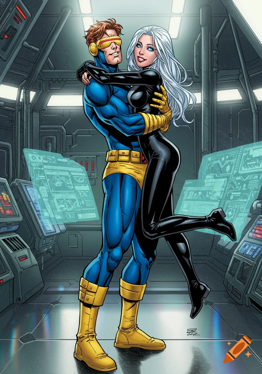 Comic book art of Cyclops in blue and yellow uniform embracing a woman with white hair in a black bodysuit, in a futuristic training room.