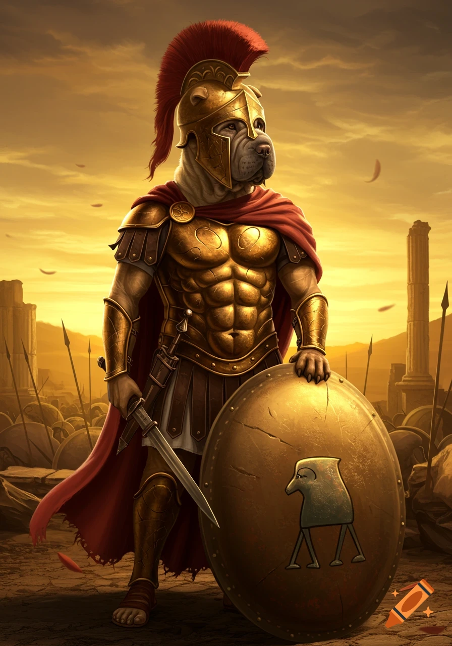 A powerful Sharpei dog in golden Spartan armor with a red cape, holding a sword and shield, stands in a desert landscape.