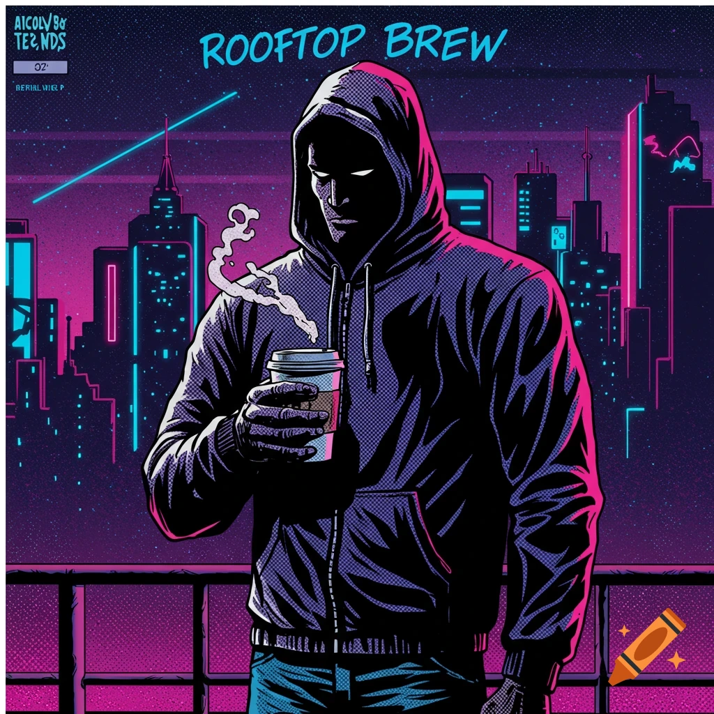 A man in a dark hoodie holds a coffee cup against a neon-lit city skyline in a bold 90s comic book style. The title "ROOFTOP BREW" is at the top.