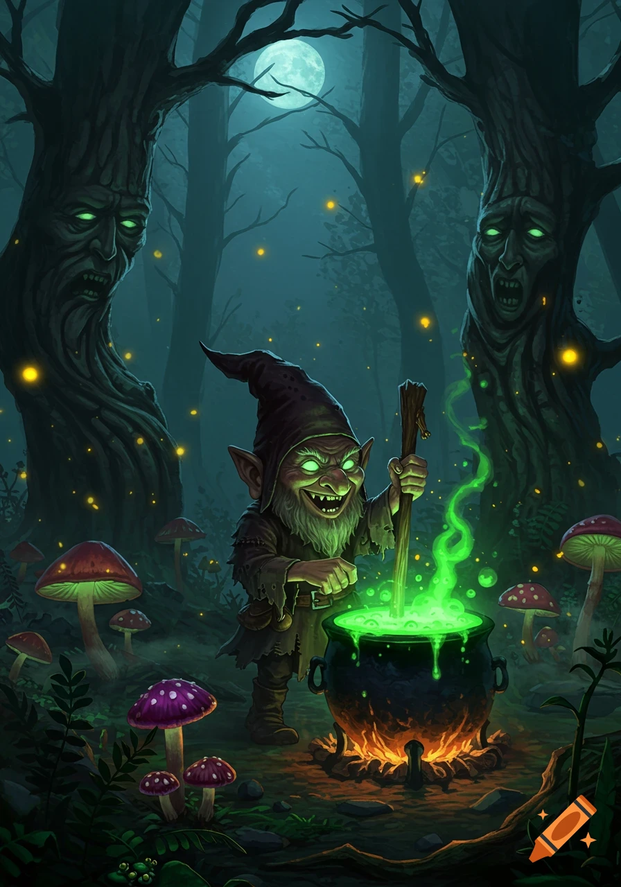 A grinning gnome with green eyes stirs a glowing green potion in a cauldron in a dark, enchanted forest with glowing trees and mushrooms.