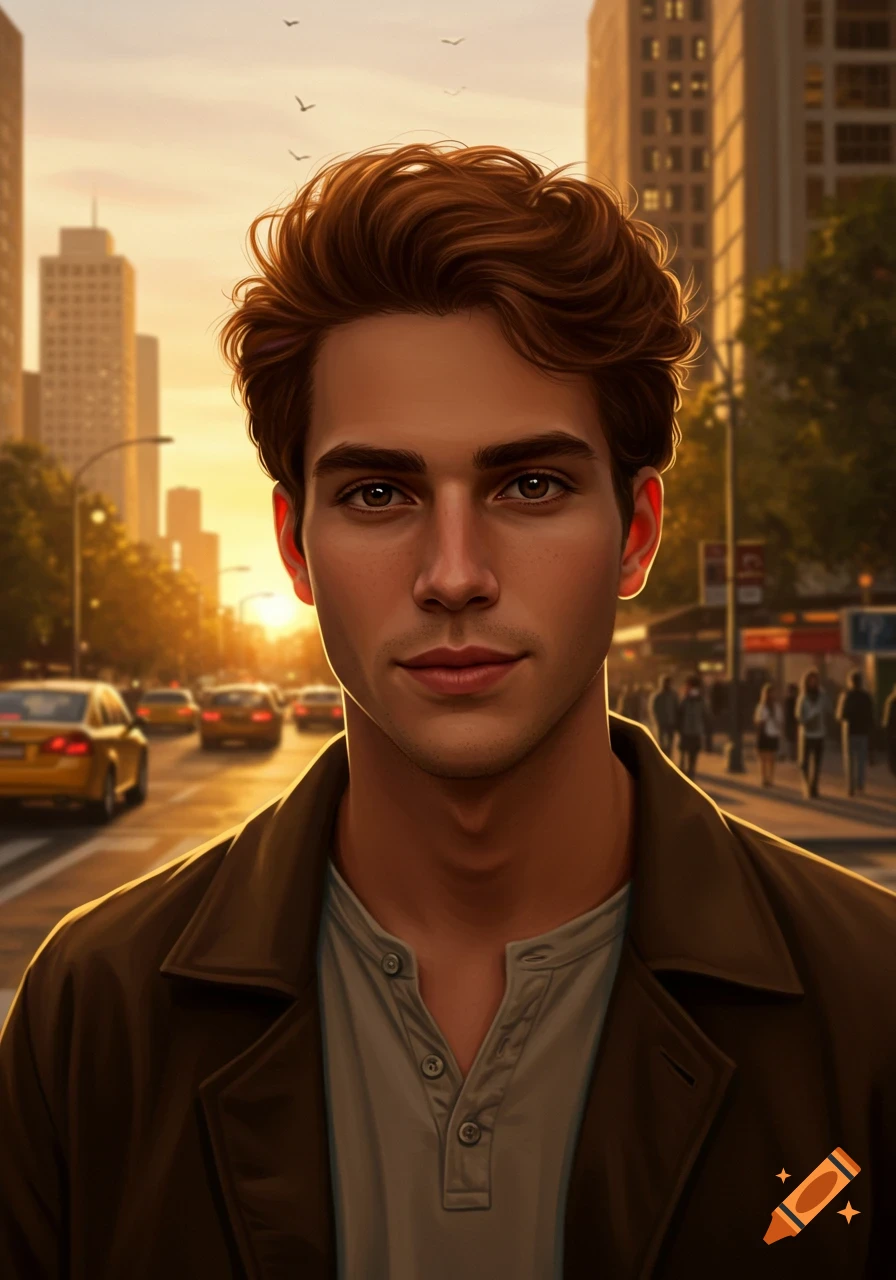 A young man with brown hair and eyes stands on a city street at sunset, with buildings and cars in the background.