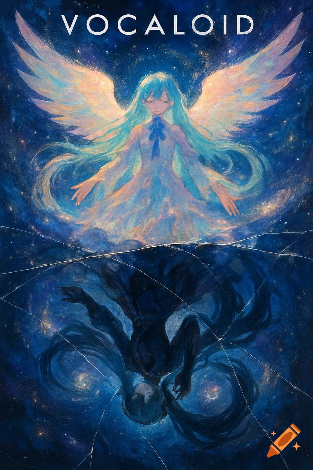 Angel-like character with blue hair and wings floats in a starry sky, with a dark reflection below. 'VOCALOID' text at top.