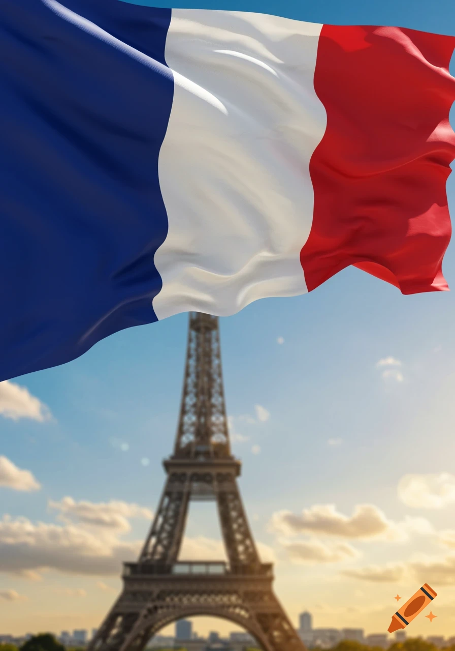 A photorealistic image of the French flag waving above the blurred Eiffel Tower under a bright blue sky with clouds.