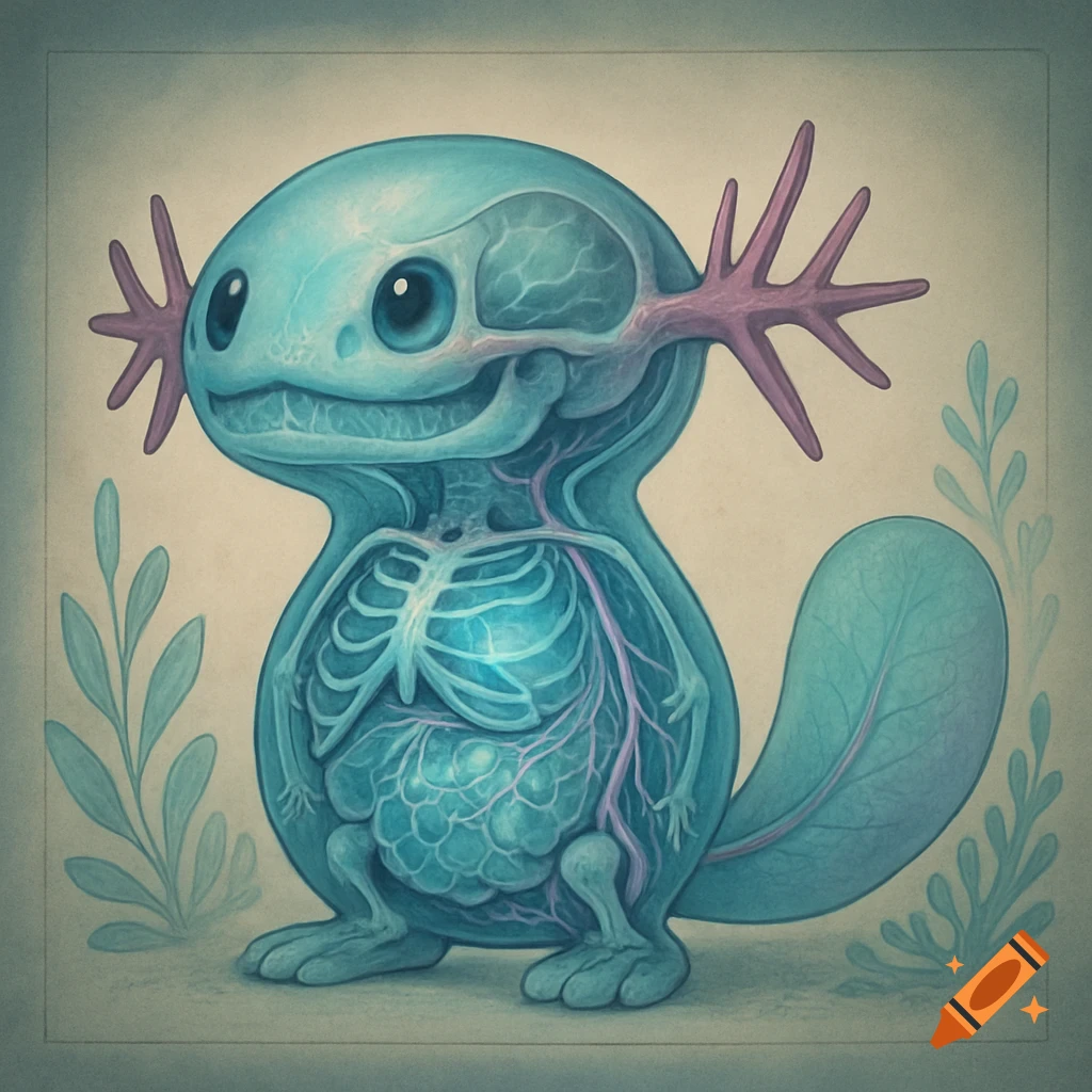 Stylized illustration of a dissected blue Wooper Pokemon, revealing its internal skeleton and organs.