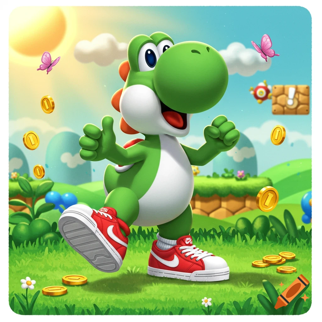 Yoshi, the green dinosaur, wearing red and white sneakers, gives a thumbs-up in a vibrant, sunny Super Mario Bros. style landscape with floating gold coins and butterflies.