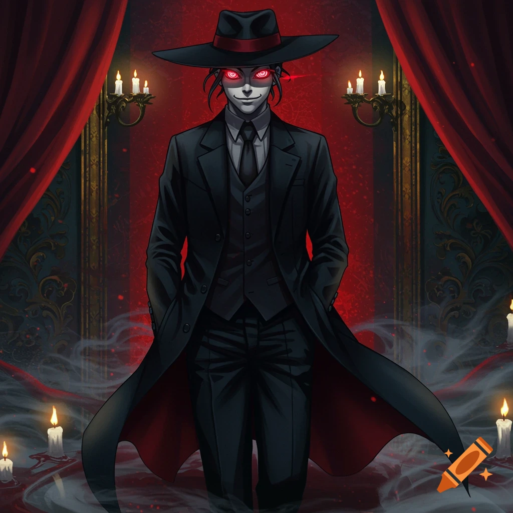 Anime character in a black suit, trench coat, and wide-brimmed hat with glowing red eyes and a pale, smiling face, in a gothic red room.