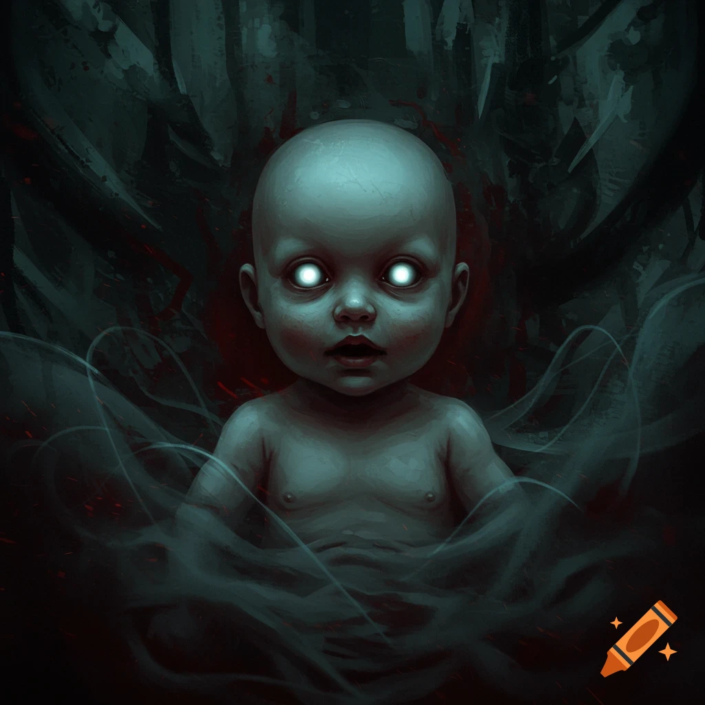 Dark, surreal digital art of a bald baby with glowing white eyes emerging from dark mist and shadows.
