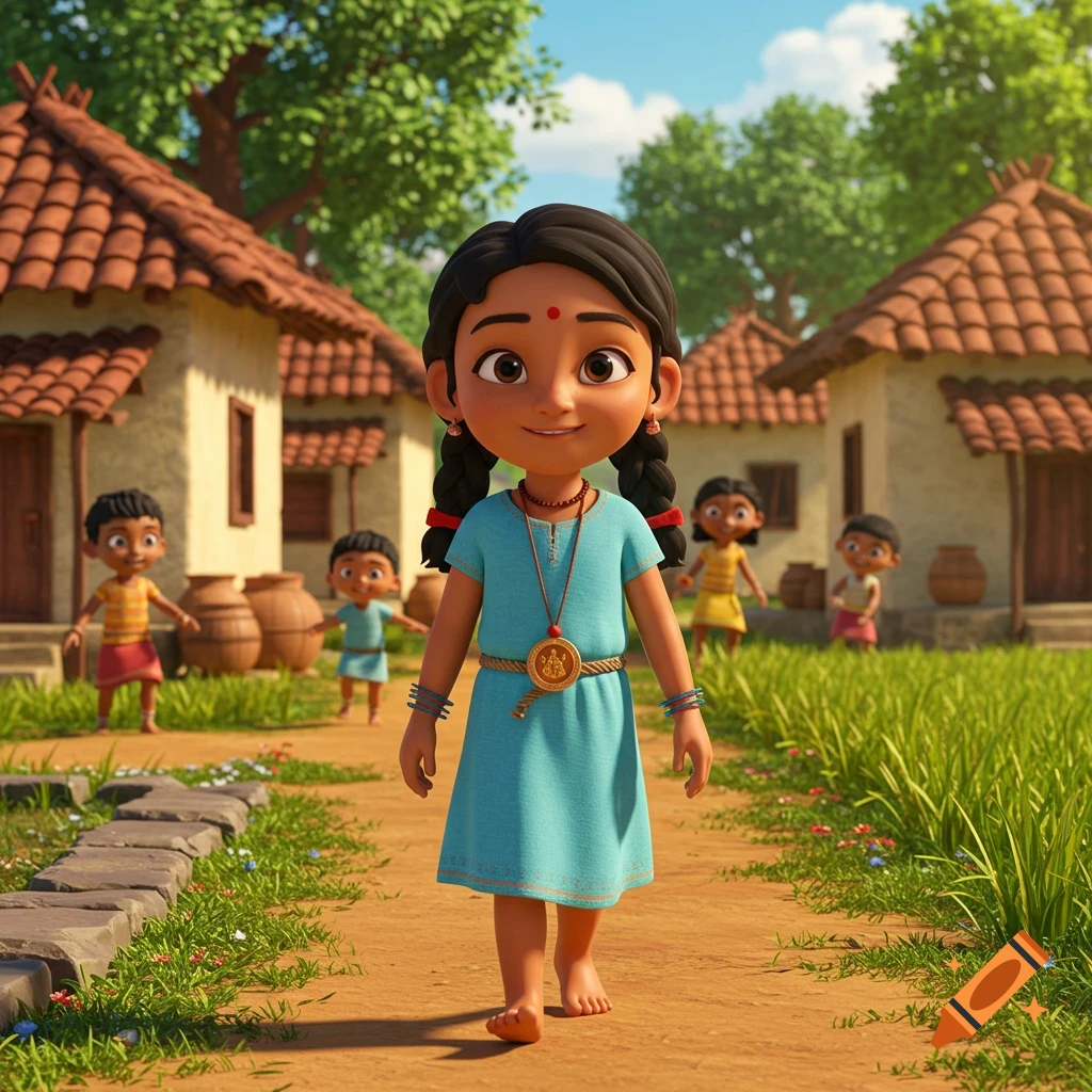 A 3D Pixar-style animation of an Indian girl in a blue dress walking on a dirt path in a village with huts and other children.