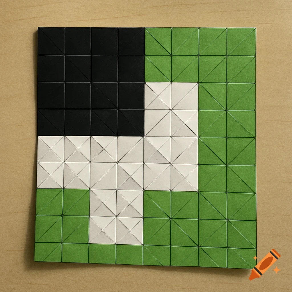 A paper puzzle resembling a pixelated face, made of an 8x8 grid of green, black, and white square tiles with diagonal folds.