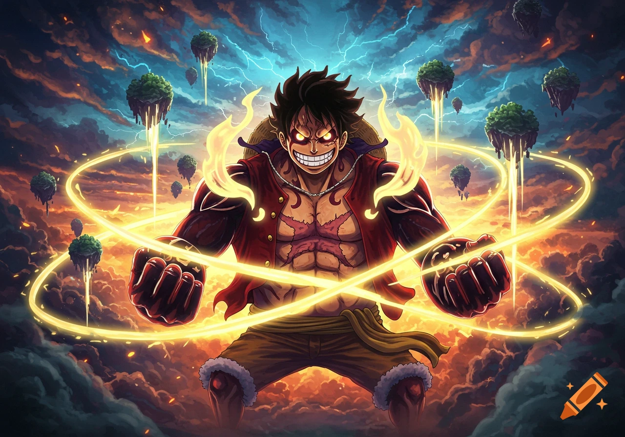 Dynamic anime art of Gear 5 Luffy in a powerful pose, surrounded by swirling golden energy rings, against a stormy sky with floating islands.