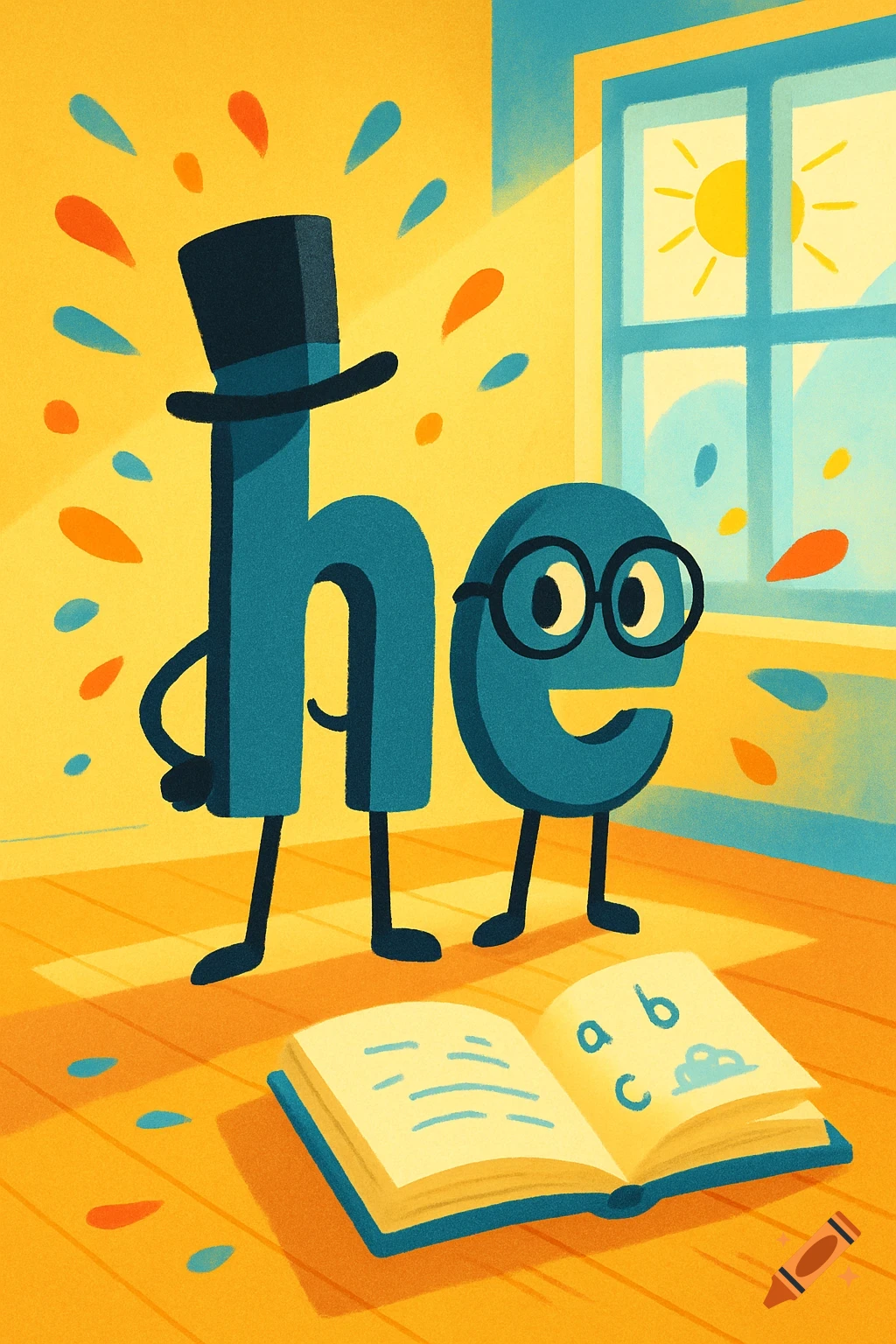 Anthropomorphic letters 'h' wearing a top hat and 'e' with glasses stand in a brightly lit room with an open ABC book on the floor, in a cheerful cartoon style.
