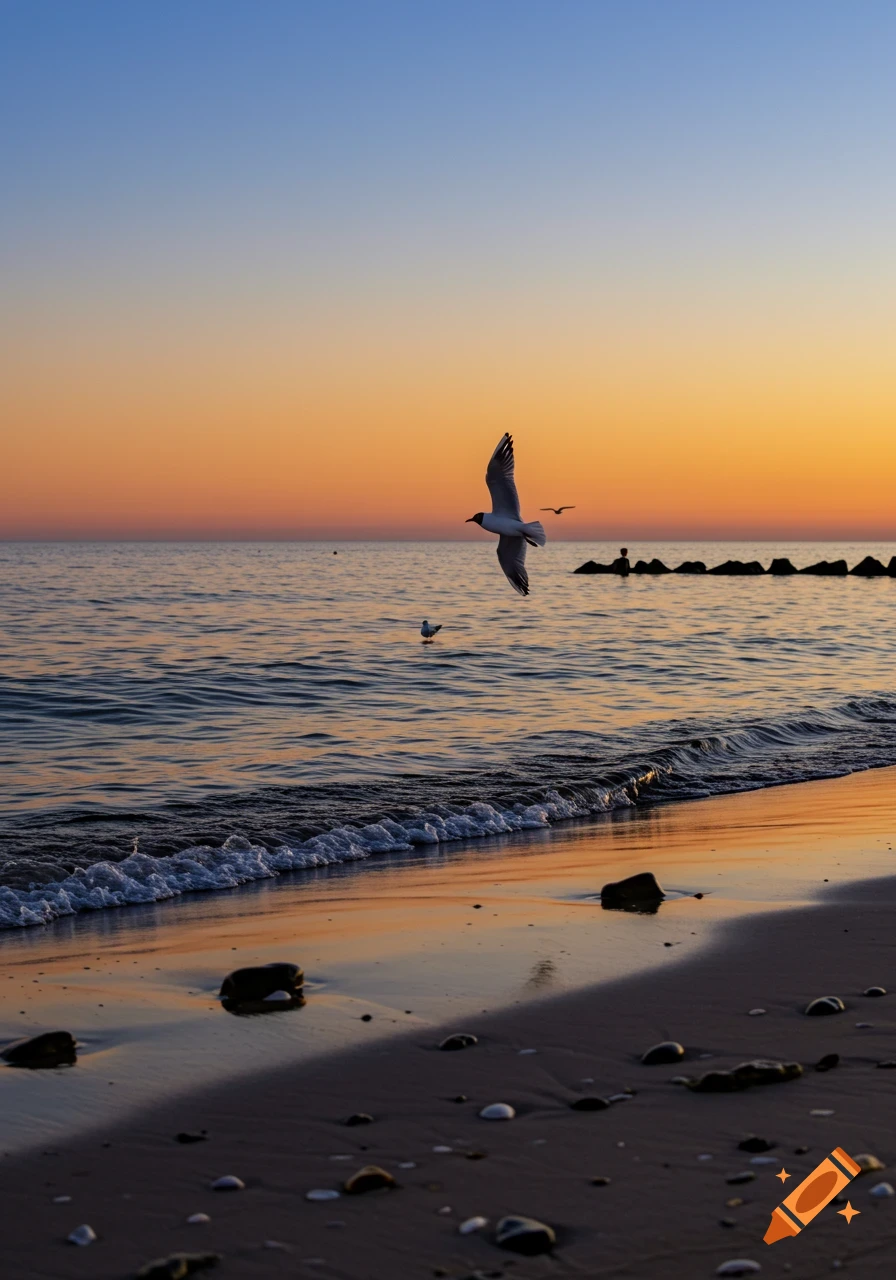 A photorealistic image of a seagull flying over a beach and ocean at sunset, with waves gently rolling onto the shore.