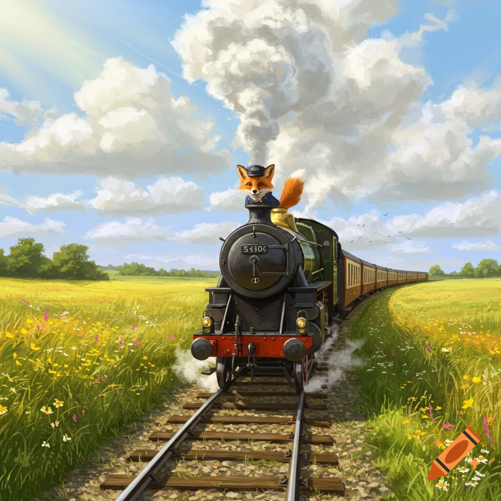 A cartoonish fox in a conductor's hat rides a steam train through a sunny, green field with wildflowers, in an illustrative style.