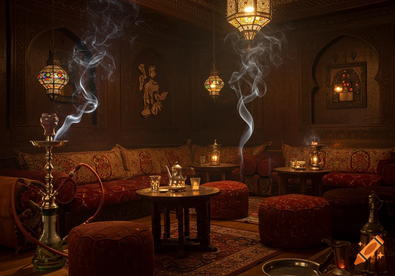 A dimly lit, ornately decorated Middle Eastern lounge with comfortable red sofas, lanterns, and smoking hookahs. Photorealistic style.
