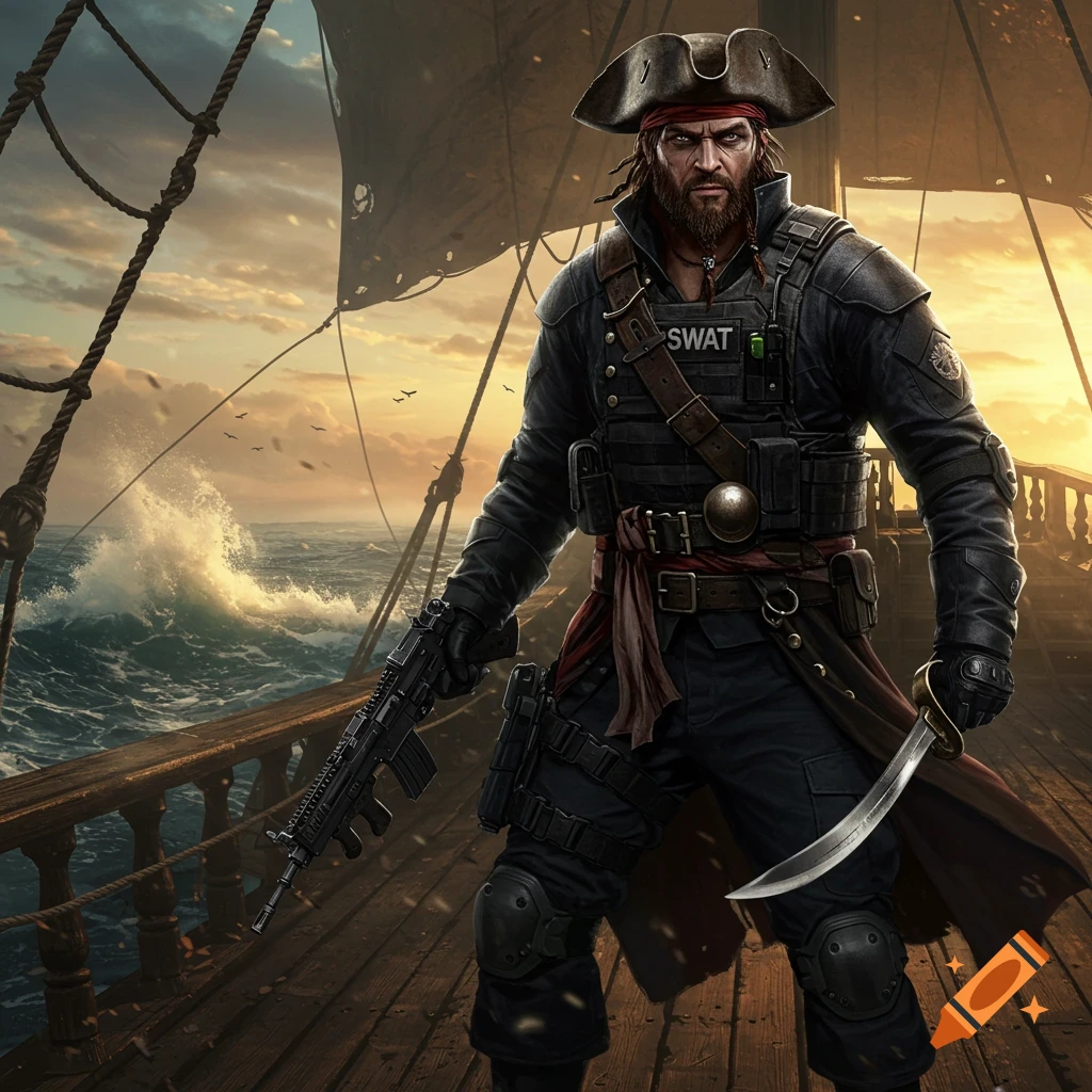 A realistic pirate SWAT operator stands on a ship's deck at sunset, holding a rifle and a sword.