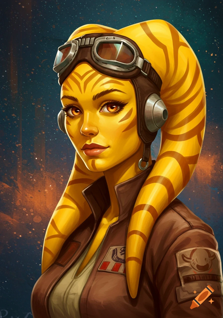 Vibrant digital portrait of a yellow-skinned Twi'lek woman with brown eyes and facial stripes, wearing a brown flight jacket and goggles on her head, against a starry background.