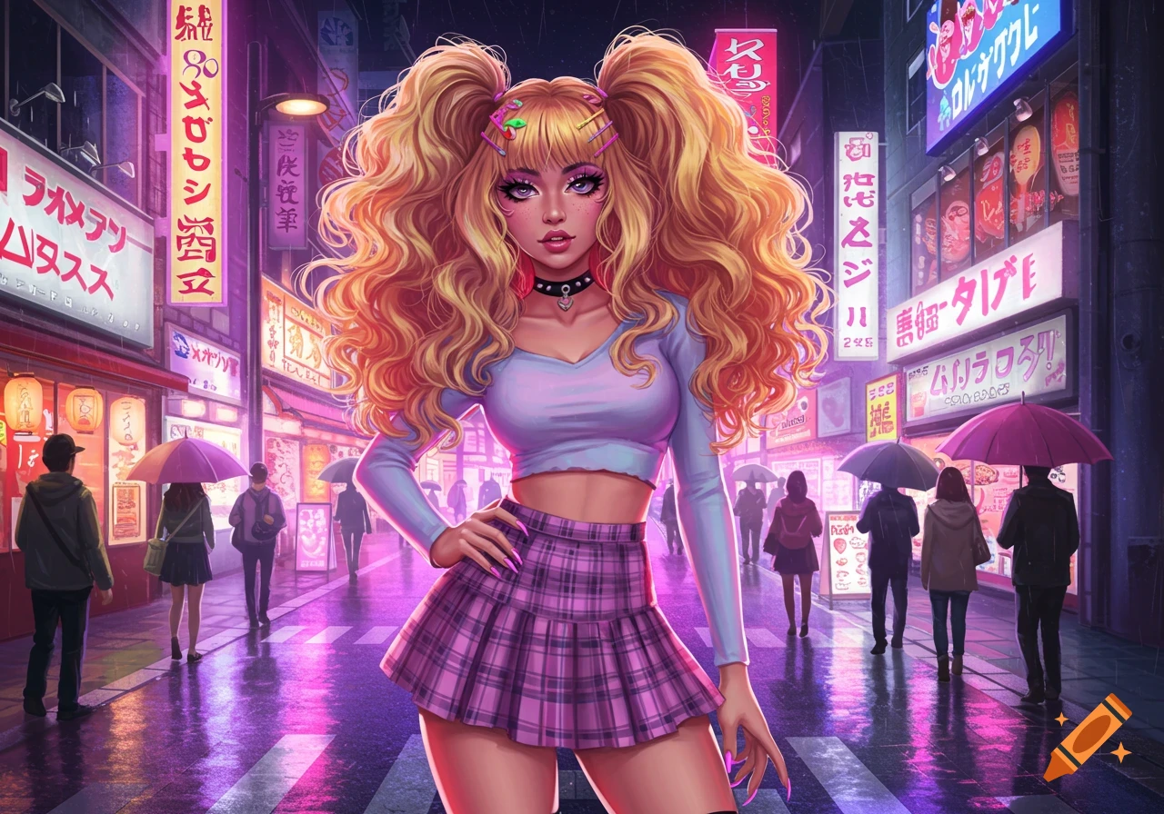 An anime-style girl with blonde pigtails and a plaid skirt stands on a neon-lit city street at night, with people holding umbrellas in the background.