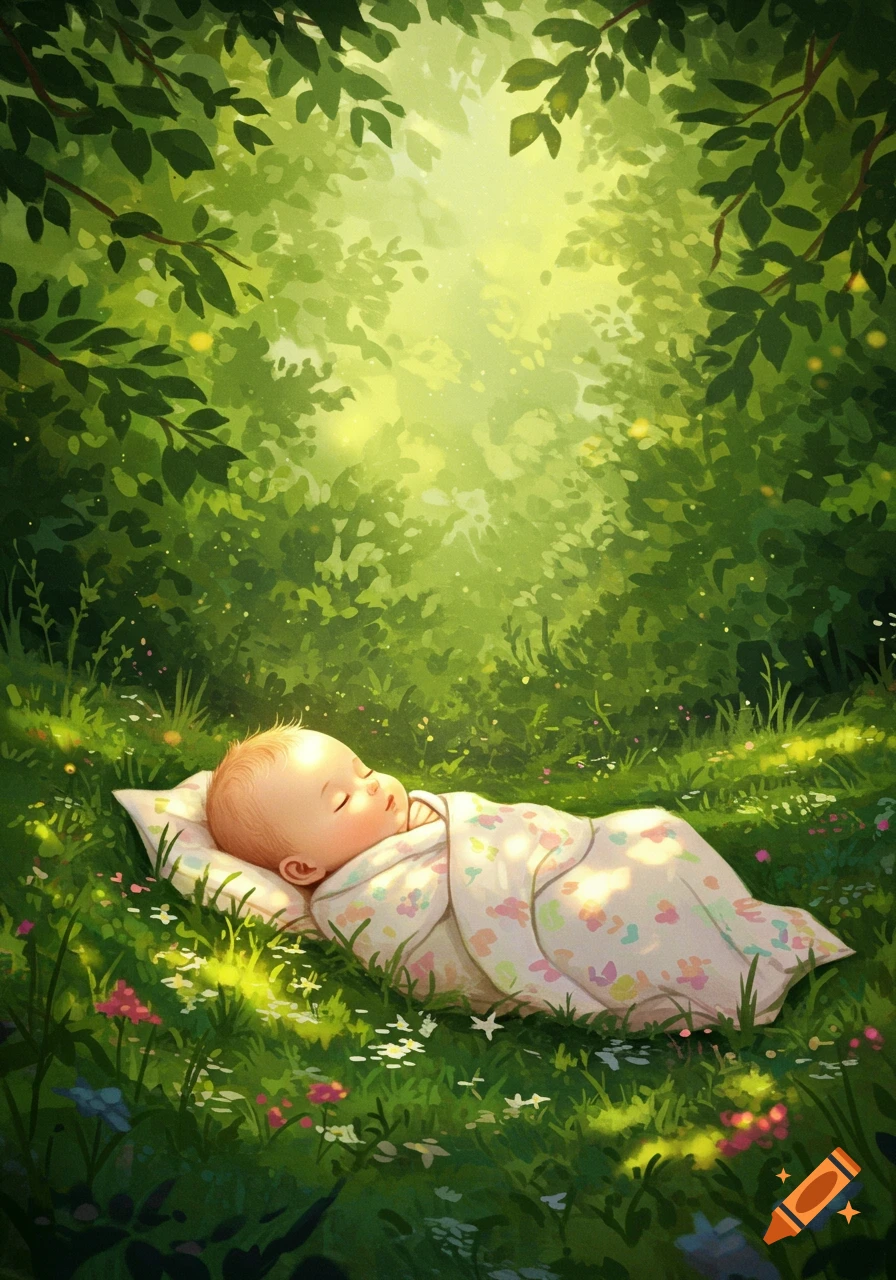 An adorable baby sleeps peacefully wrapped in a blanket on a pillow in a sun-dappled forest clearing with wildflowers.