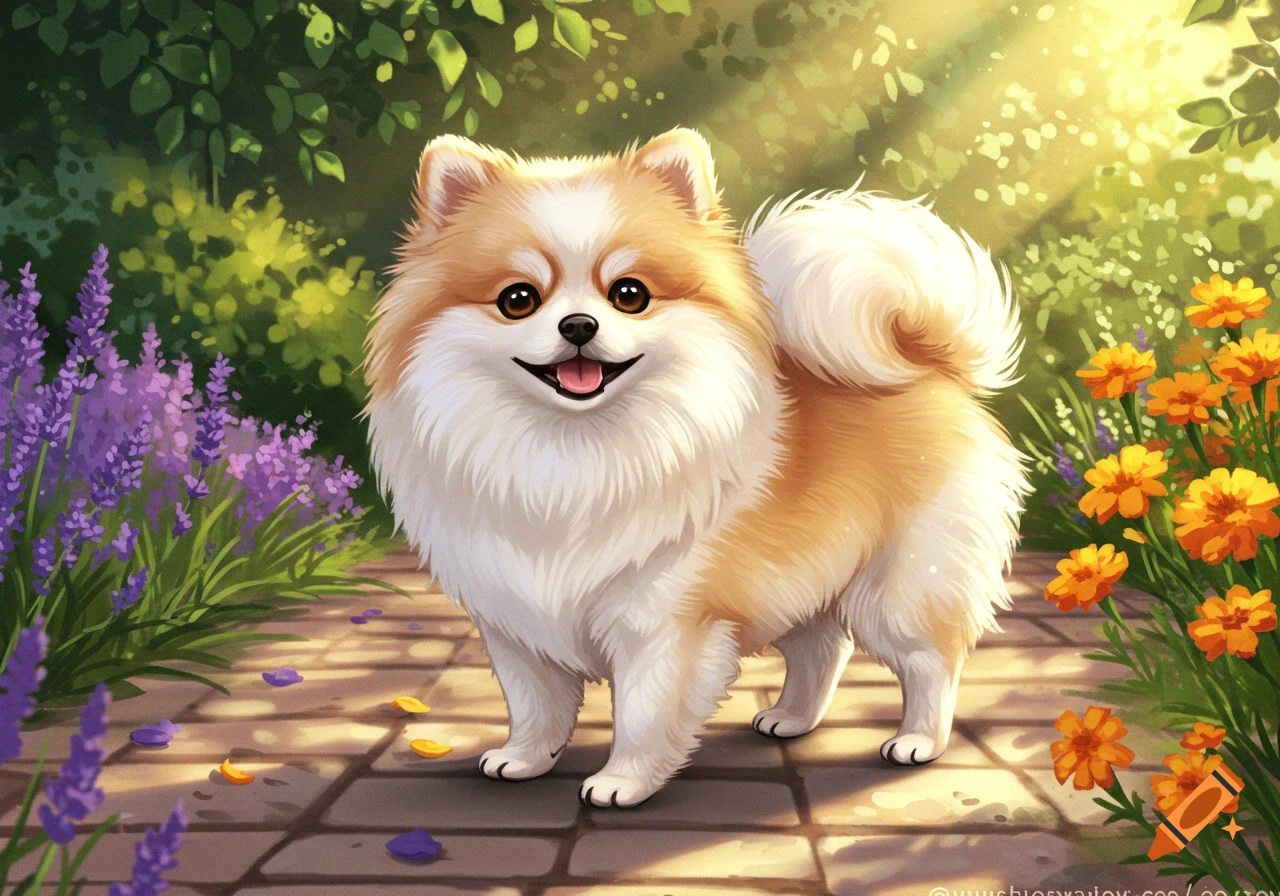 A fluffy Pomeranian and Shih Tzu mix dog smiling on a stone path surrounded by purple and orange flowers in a sunny garden.
