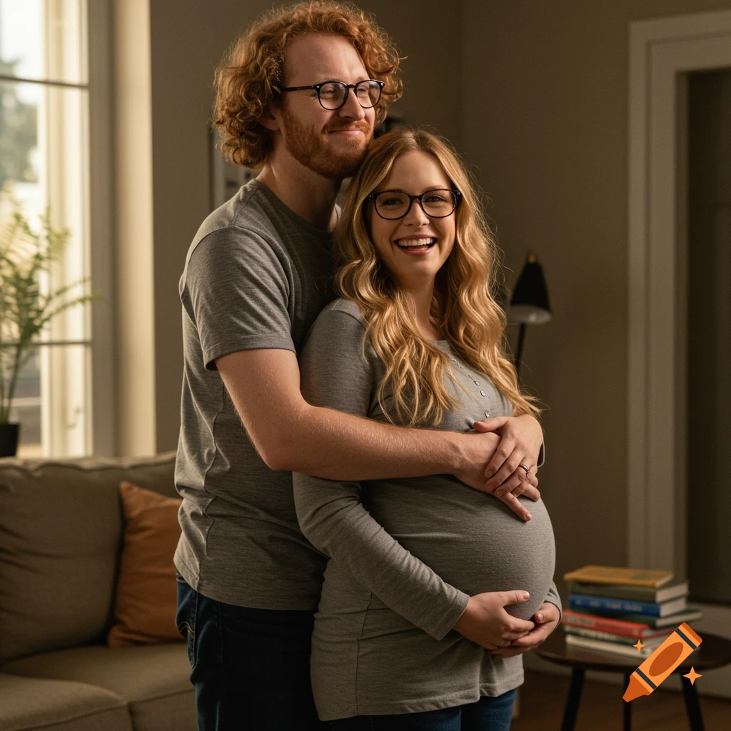 A smiling man with red curly hair and glasses embraces a smiling pregnant woman with blonde wavy hair and glasses in a softly lit living room.