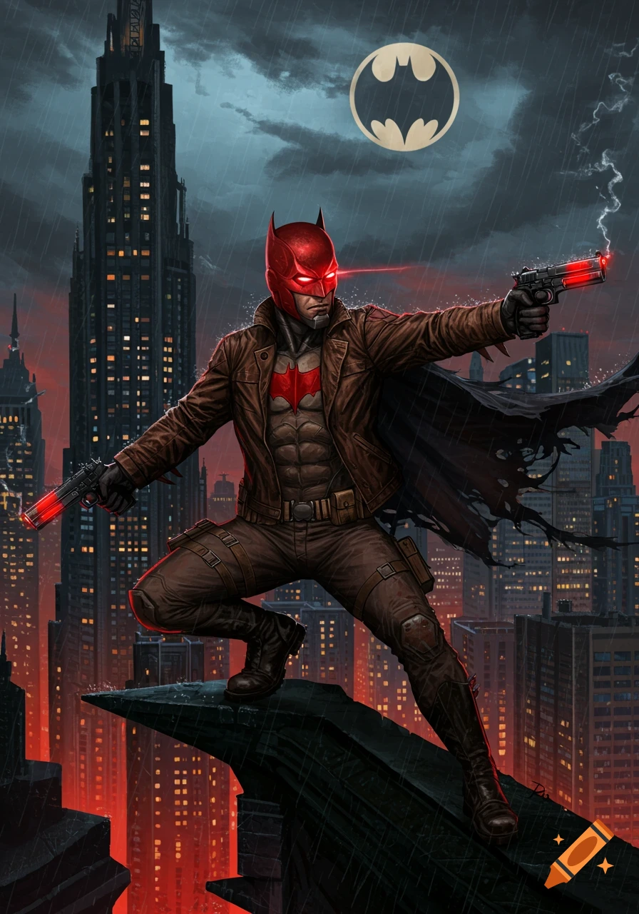 Red Hood character stands on a Gotham rooftop, holding two glowing pistols. The Bat-Signal shines in the stormy night sky above the city.