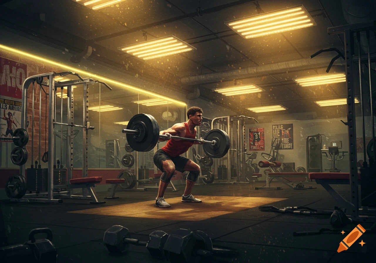 A man in a red shirt and black shorts squats with a barbell in a brightly lit gym.