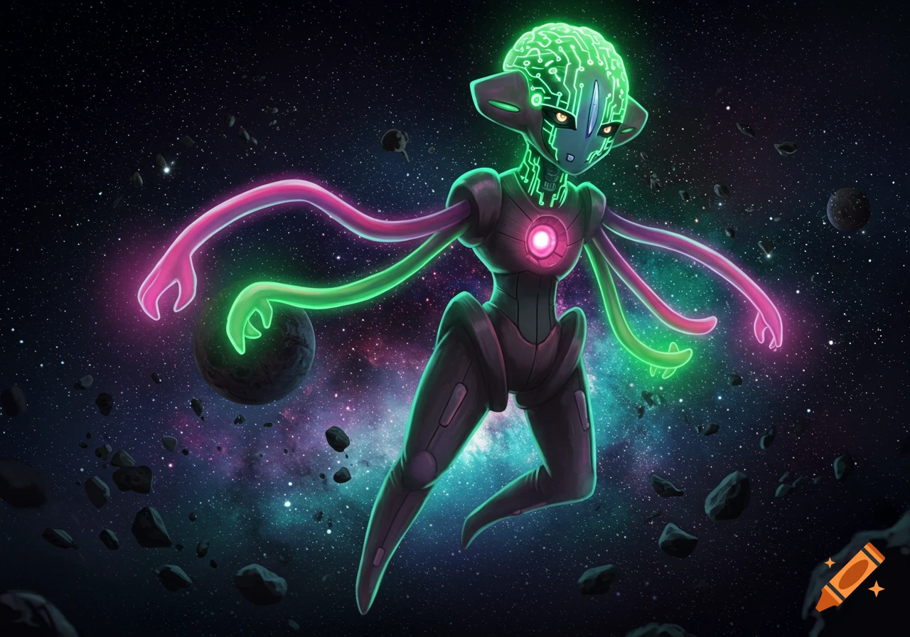 A fusion of Deoxys and Brainiac, an alien creature with glowing green circuitry and pink/green tentacles, floats in cosmic space.