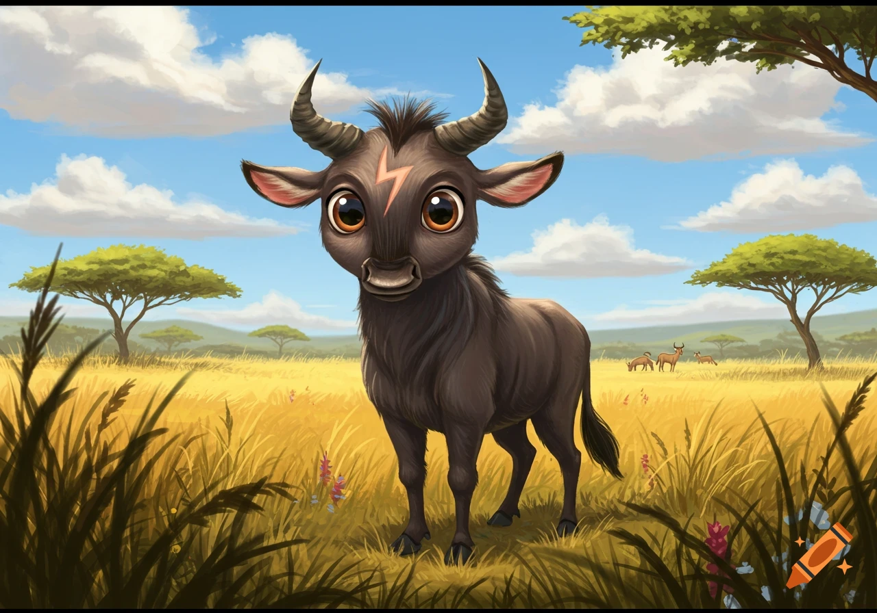A cute, cartoon-style wildebeest with a lightning bolt scar on its forehead stands in a sunny savanna.