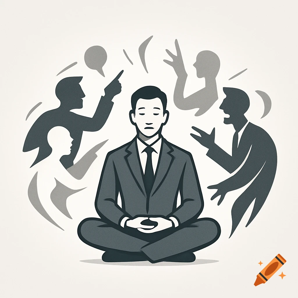 An illustration of a businessman meditating peacefully in a lotus position, surrounded by chaotic, arguing grey silhouettes.