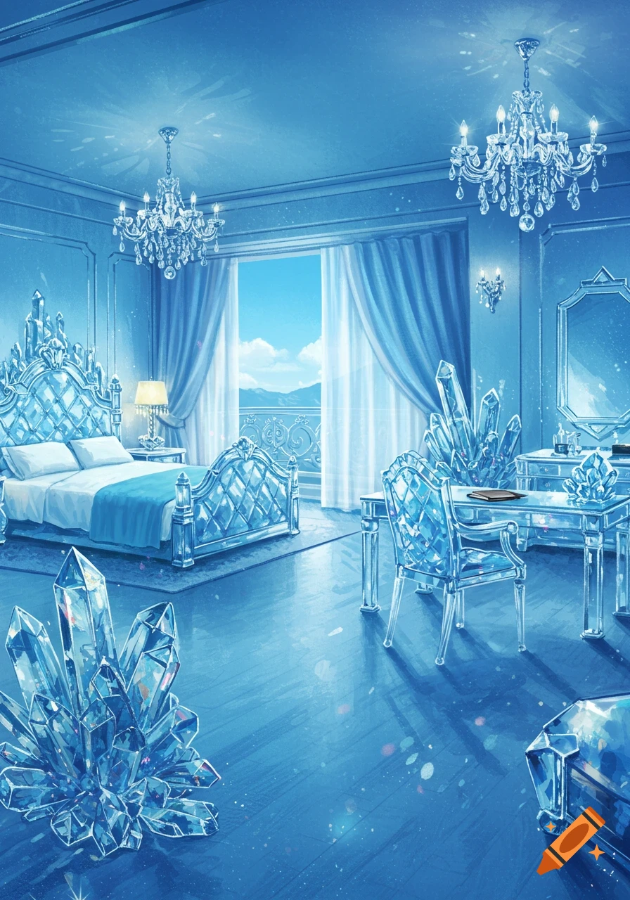A sky-blue crystal-themed hotel room featuring crystal furniture, large crystal formations, and sparkling chandeliers.