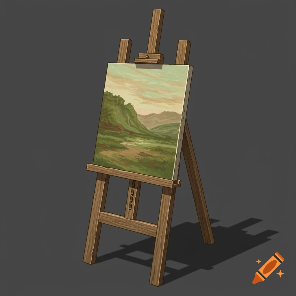 A stylized pixel art illustration of a wooden artist's easel holding a canvas with a partially painted green and brown landscape against a grey background.