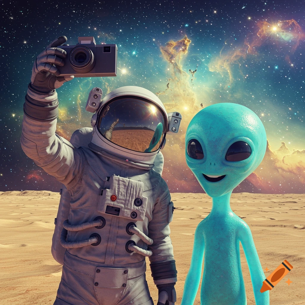 Astronaut taking a selfie with a smiling blue alien on a desolate planet with a starry nebula sky, photorealistic.