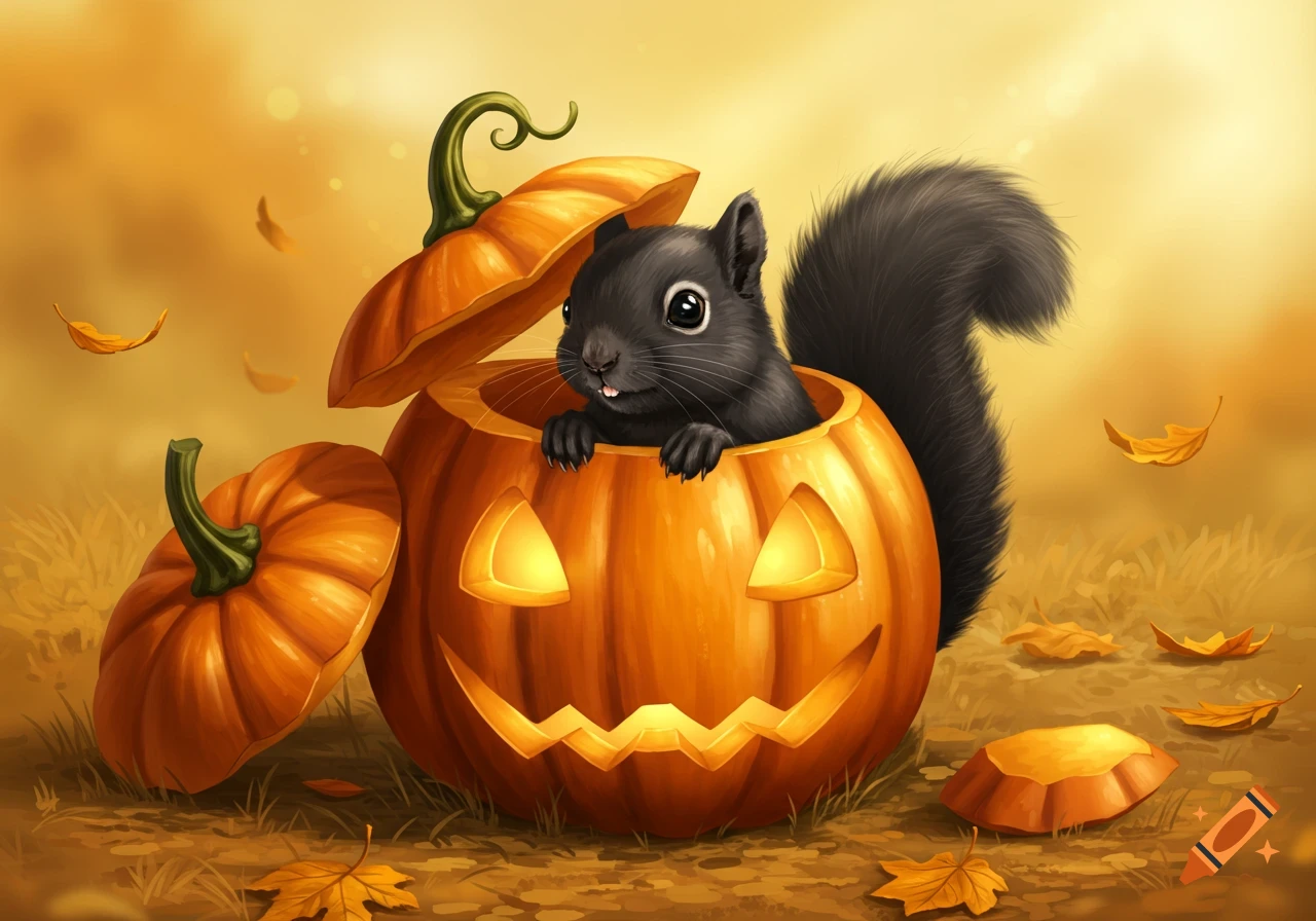 A cute black squirrel pops its head out of a carved jack-o'-lantern, surrounded by autumn leaves.