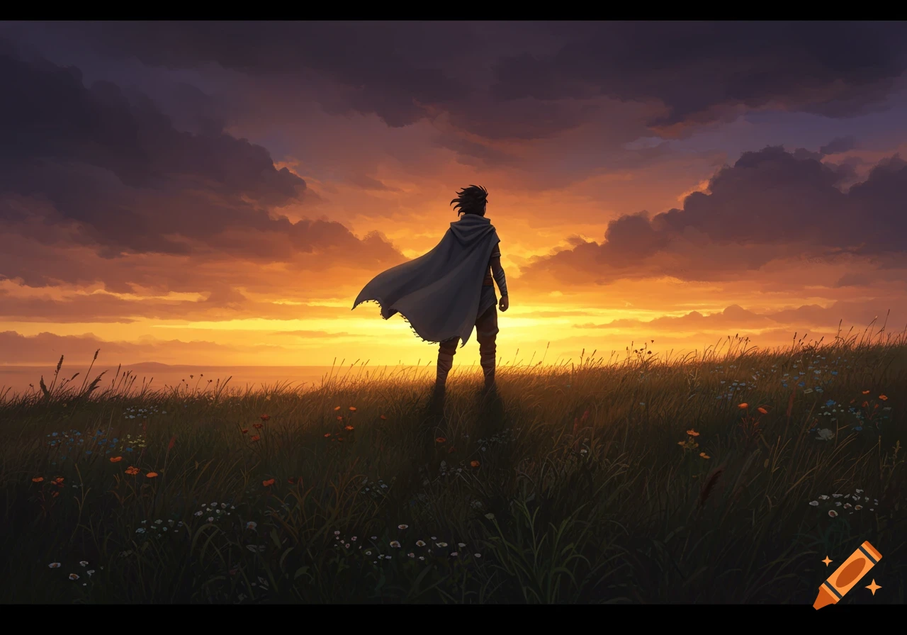 A person in a cape stands on a grassy hill, silhouetted against a vibrant orange and purple sunset sky.