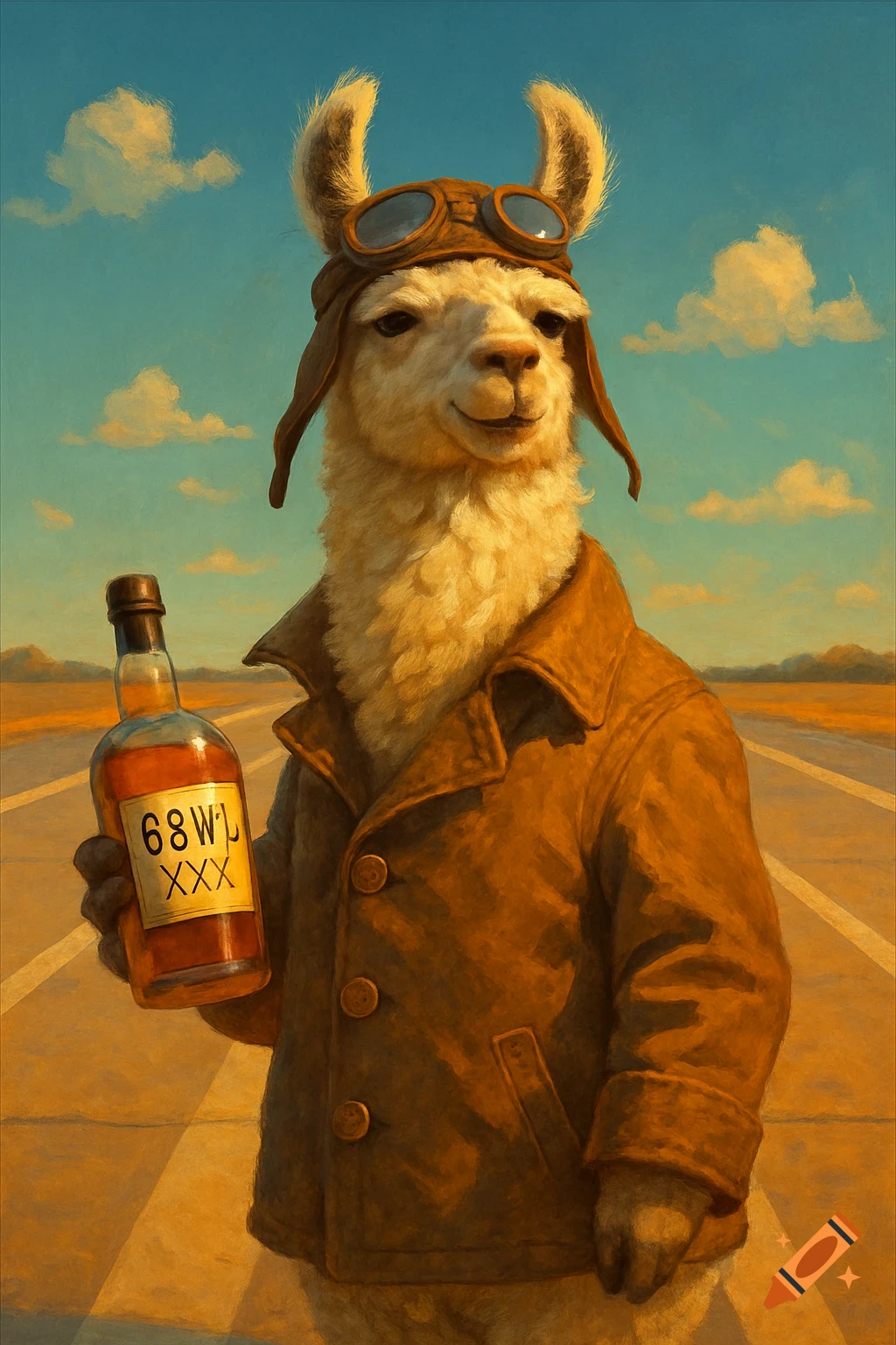 An anthropomorphic llama wearing a pilot's hat and goggles stands on a runway, holding a bottle of whiskey. The image has a painterly style.
