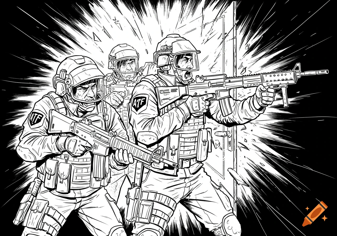 Black and white line drawing of three ATF SWAT officers breaching a door with rifles.