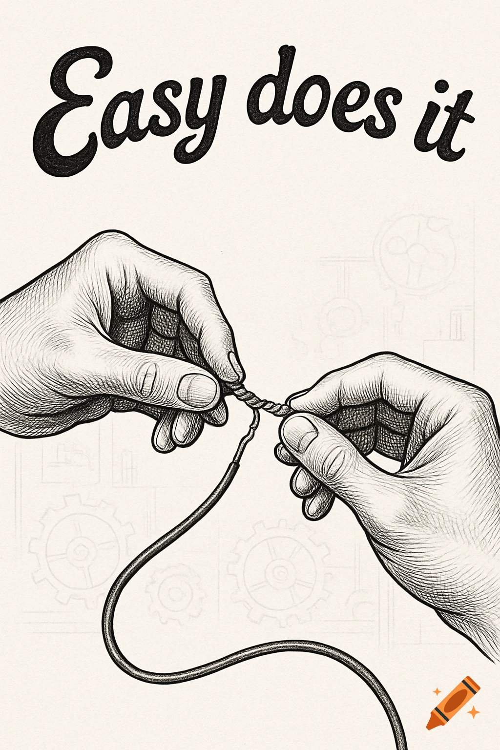 Black and white illustration of two hands gently twisting together two electrical wires, with the text 'Easy does it' above.