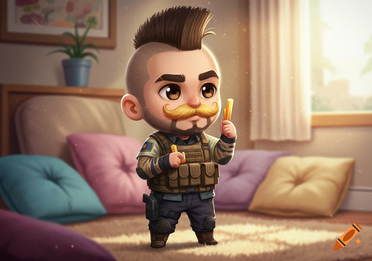 Chibi-style character resembling Soap from Call of Duty, with a mohawk and a french fry mustache, standing in a cozy room.