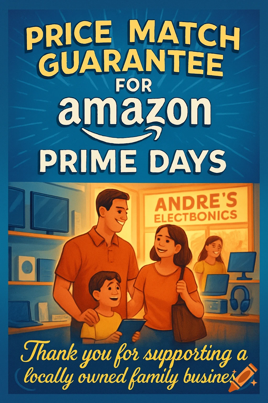 Cartoon illustration of a family in an electronics store with price match guarantee text.