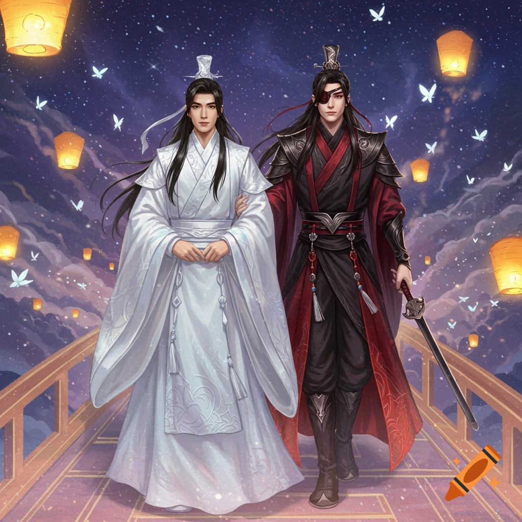 Two men in intricate traditional Chinese robes walk on a bridge under a starry night with lanterns and white butterflies.
