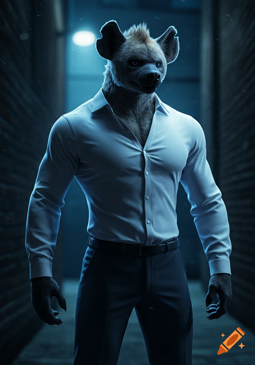 A muscular anthropomorphic hyena in a white button-up shirt and dark pants stands in a shadowy, dimly lit alley.