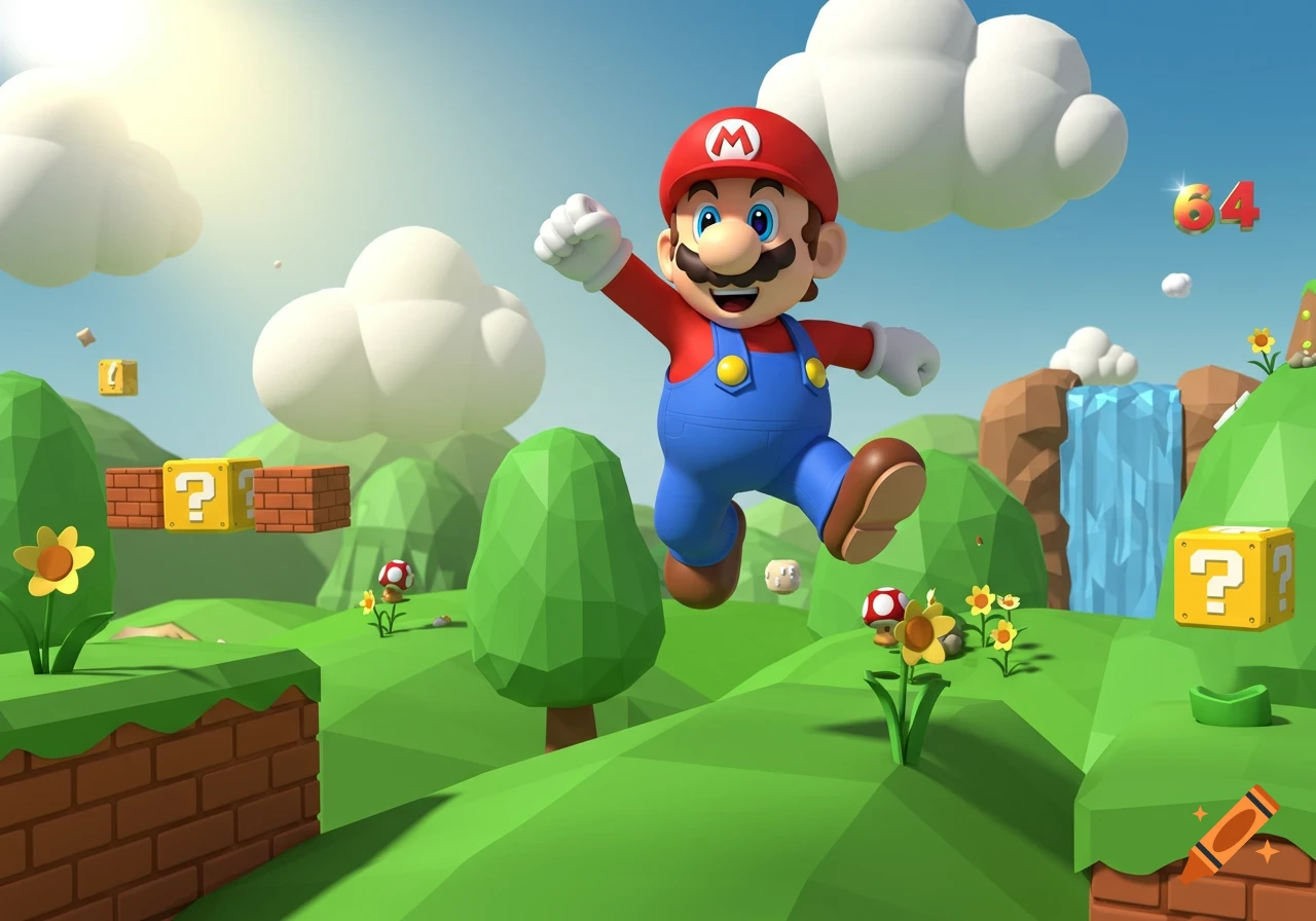 Cartoonish 3D render of Super Mario jumping in a vibrant low-poly landscape with question blocks, clouds, and a waterfall.