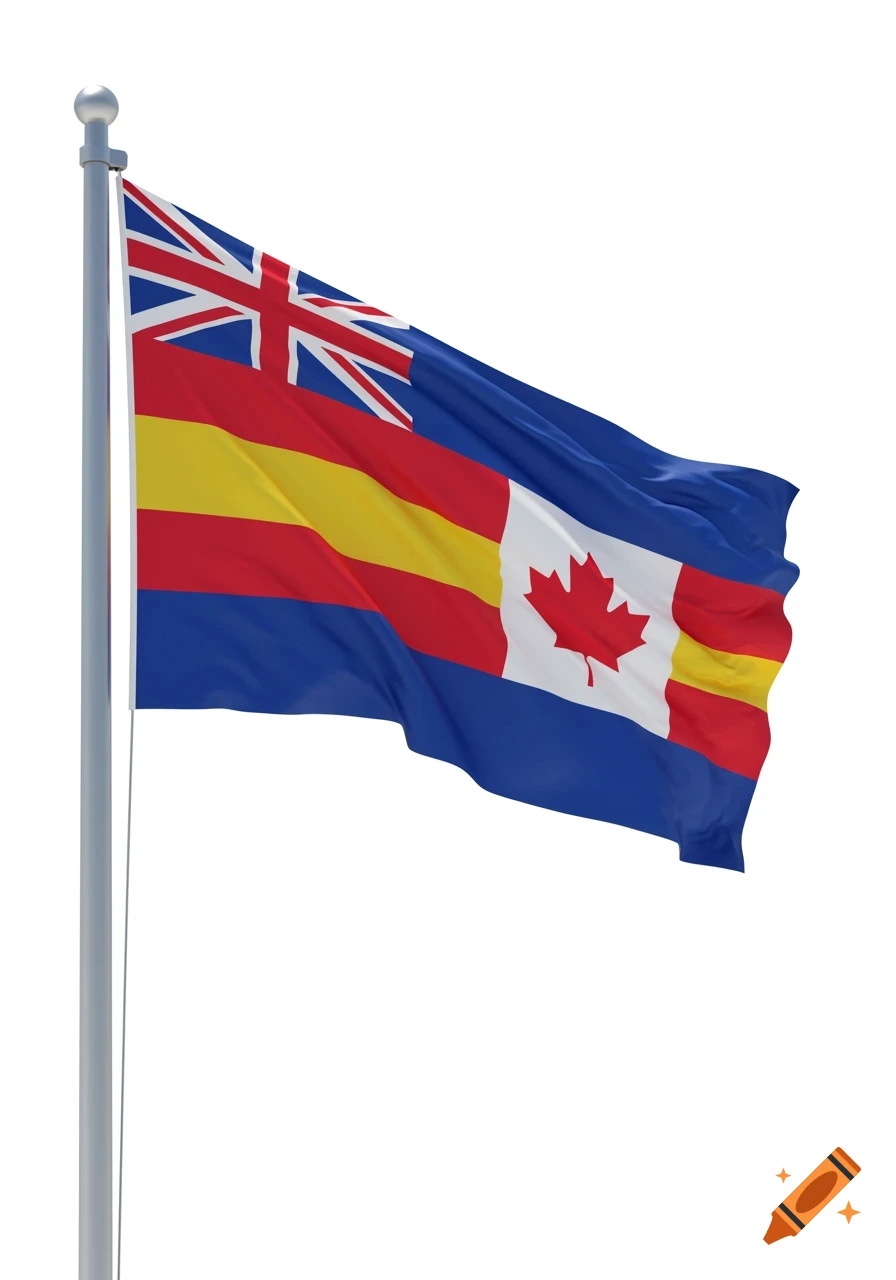 A custom flag combining elements of the Union Jack, Spanish flag, and Canadian maple leaf, waving on a flagpole.